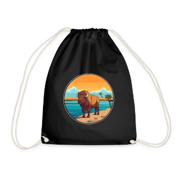 Bison Watercolor Cartoon Kawaii Clipart Animal - Drawstring Bag - black - Front