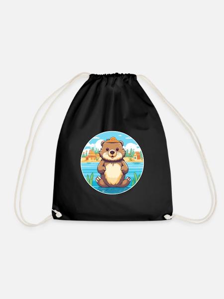 Biber Aquarell Cartoon Kawaii Clipart Tier - Turnbeutel - Schwarz