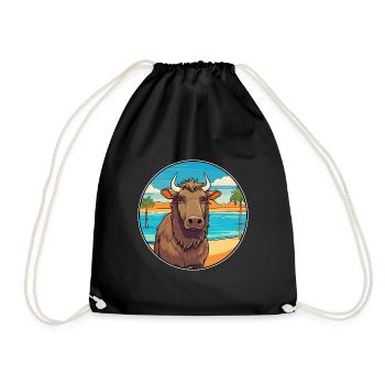 Buffalo Watercolor Cartoon Kawaii Clipart Animal - Drawstring Bag - black - Front