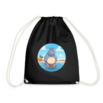 Hippo Watercolor Cartoon Kawaii Clipart Animal - Drawstring Bag - black - Front