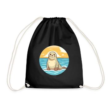 Seal Watercolor Cartoon Kawaii Clipart Animal - Drawstring Bag - black - Front