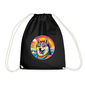 American Akita Dog Breed Colorful Cartoon Watercol - Drawstring Bag - black - Front