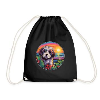 Lowchen Little Lion Dog Breed Colorful Cartoon Wat - Drawstring Bag - black - Front