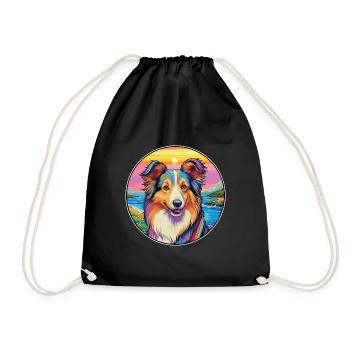 Sheltie Dog Breed Colorful Cartoon Watercolor - Drawstring Bag - black - Front