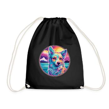 Shikoku Dog Breed Colorful Cartoon Watercolor - Drawstring Bag - black - Front