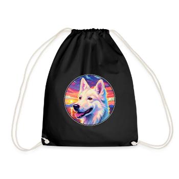 White Shepherd Dog Breed Colorful Cartoon Watercol - Drawstring Bag - black - Front