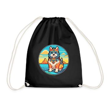 Ainu Dog Breed Cartoon Kawaii Clipart Watercolor - Drawstring Bag - black - Front