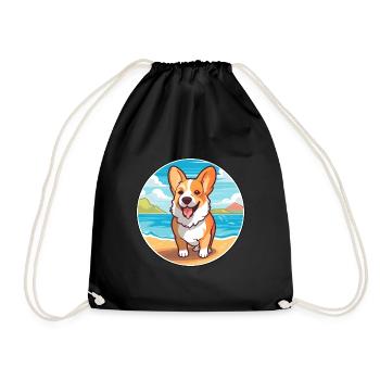 Corgi Dog Breed Cartoon Kawaii Clipart Watercolor - Drawstring Bag - black - Front