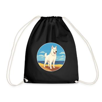 White Shepherd Dog Breed Cartoon Kawaii Clipart - Drawstring Bag - black - Front