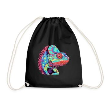 Chameleon Colorful Watercolor Cartoon Kawaii Anima - Drawstring Bag - black - Front