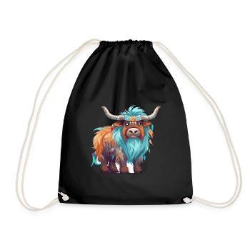 Yak Colorful Watercolor Cartoon Kawaii Animal - Drawstring Bag - black - Front