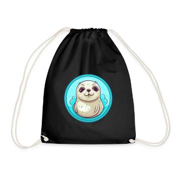 Seal Colorful Watercolor Cartoon Kawaii Animal - Drawstring Bag - black - Front
