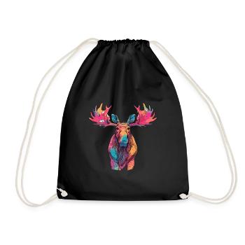 Moose Colorful Watercolor Cartoon Kawaii Animal - Drawstring Bag - black - Front