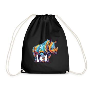 Rhino Colorful Watercolor Cartoon Kawaii Animal - Drawstring Bag - black - Front
