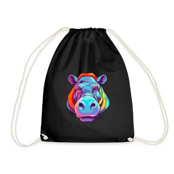 Hippo Colorful Watercolor Cartoon Kawaii Animal - Drawstring Bag - black - Front