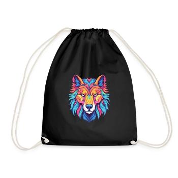 Wolf Colorful Watercolor Cartoon Kawaii Animal - Drawstring Bag - black - Front