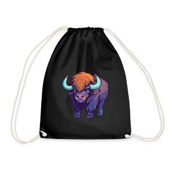 Buffalo Cute Cartoon Kawaii Watercolor Animal Pet - Drawstring Bag - black - Front