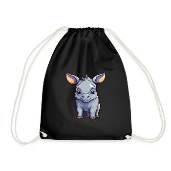 Rhino Cute Cartoon Kawaii Watercolor Animal Pet - Drawstring Bag - black - Front
