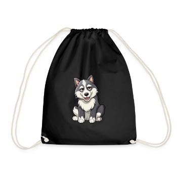 Husky Dog Cute Cartoon Kawaii Watercolor Animal Pe - Drawstring Bag - black - Front