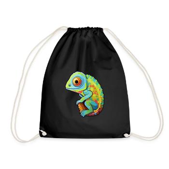 Chameleon Cute Cartoon Kawaii Watercolor Animal Pe - Drawstring Bag - black - Front
