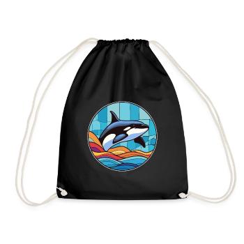 Orca Stained Glass Colorful Cartoon Kawaii Animal - Drawstring Bag - black - Front