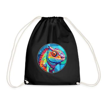Chameleon Stained Glass Colorful Cartoon Kawaii An - Drawstring Bag - black - Front