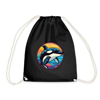 Orca Stained Glass Colorful Cartoon Kawaii Animal - Drawstring Bag - black - Front
