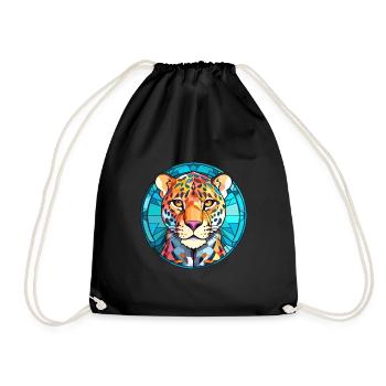 Leopard Stained Glass Colorful Cartoon Kawaii Anim - Drawstring Bag - black - Front