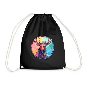 Moose Stained Glass Colorful Cartoon Kawaii Animal - Drawstring Bag - black - Front