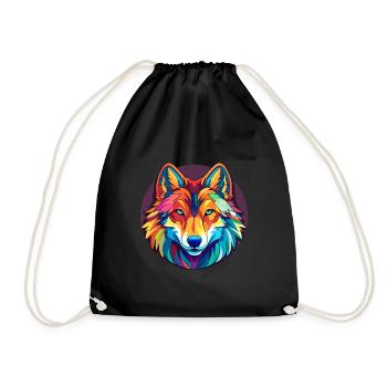 Wolf Stained Glass Colorful Cartoon Kawaii Animal - Drawstring Bag - black - Front