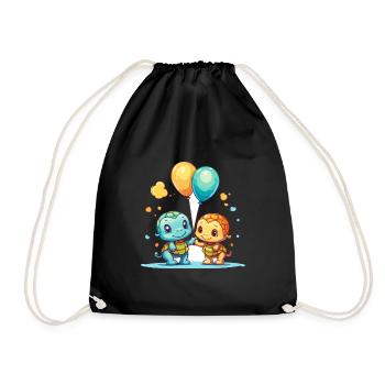 Turtles Kawaii Cartoon Pet Playing With Balloons - Drawstring Bag - black - Front