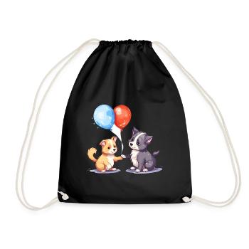 Dessin animé kawaii de chat et de chien jouant avec des ballons - Sac de sport léger - noir - Devant