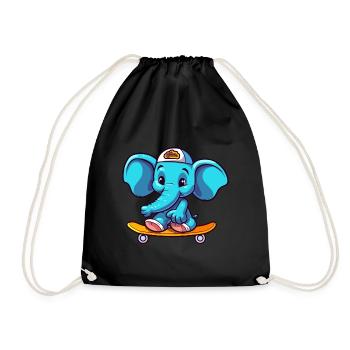 Funny Elephant Kawaii Cartoon Playing Skateboard - Drawstring Bag - black - Front