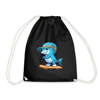 Funny Dolphin Kawaii Cartoon Playing Skateboard - Drawstring Bag - black - Front