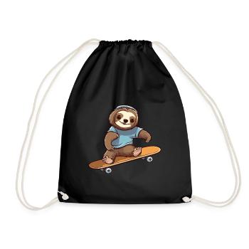 Funny Sloth Kawaii Cartoon Pet Playing Skateboard - Drawstring Bag - black - Front