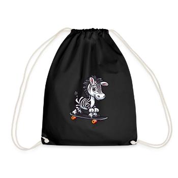 Funny Zebra Kawaii Cartoon Pet Playing Skateboard - Drawstring Bag - black - Front