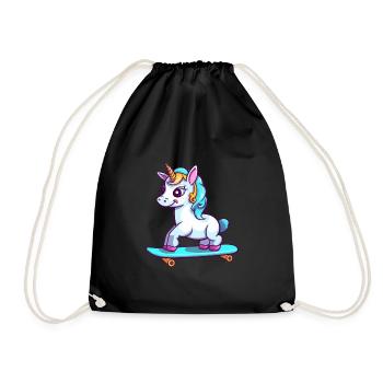 Funny Unicorn Kawaii Cartoon Playing Skateboard - Drawstring Bag - black - Front