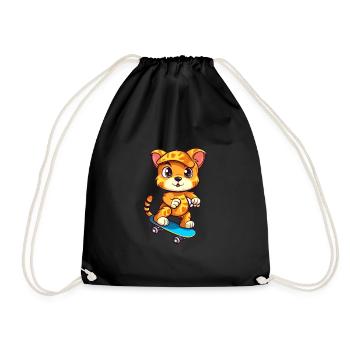 Funny Cougar Kawaii Cartoon Pet Playing Skateboard - Drawstring Bag - black - Front