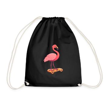Funny Flamingo Kawaii Cartoon Playing Skateboard - Drawstring Bag - black - Front
