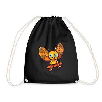 Funny Butterfly Kawaii Cartoon Playing Skateboard - Drawstring Bag - black - Front