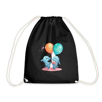 Dolphins Kawaii Cartoon Pet Playing With Balloons - Drawstring Bag - black - Front