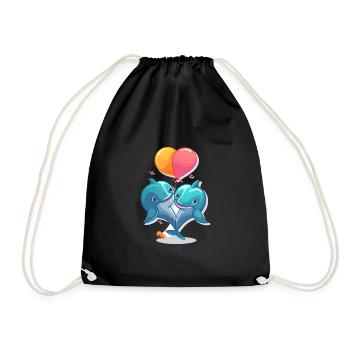 Dolphins Kawaii Cartoon Pet Playing With Balloons - Drawstring Bag - black - Front