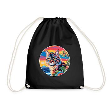 American Bobtail Cat Watercolor Cartoon Kawaii - Drawstring Bag - black - Front