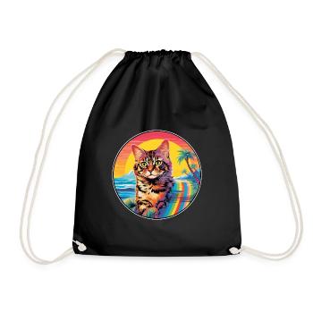 German Rex Cat Breed Watercolor Cartoon Kawaii Pet - Drawstring Bag - black - Front