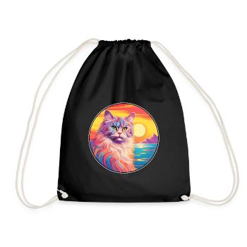 German Longhair Cat Watercolor Cartoon Kawaii - Drawstring Bag - black - Front