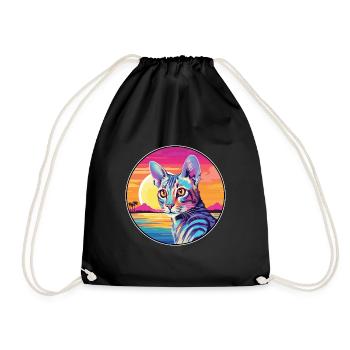 Savannah Cat Breed Watercolor Cartoon Kawaii Pet - Drawstring Bag - black - Front