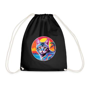 European Shorthair Cat Watercolor Cartoon Kawaii - Drawstring Bag - black - Front