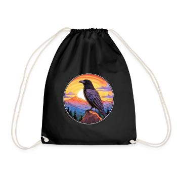 Raven Colorful Watercolor Cartoon Kawaii Animal - Drawstring Bag - black - Front