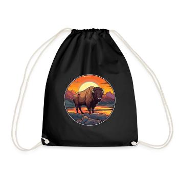 Bison Colorful Watercolor Cartoon Kawaii Animal - Drawstring Bag - black - Front