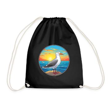 Seagull Colorful Watercolor Cartoon Kawaii Animal - Drawstring Bag - black - Front